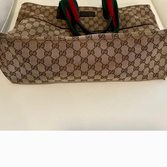 Gucci GG Jacquard Leather Shelly Shoulder Bag Green Burgundy Classic Stripe Tote - Picture 6 of 13
